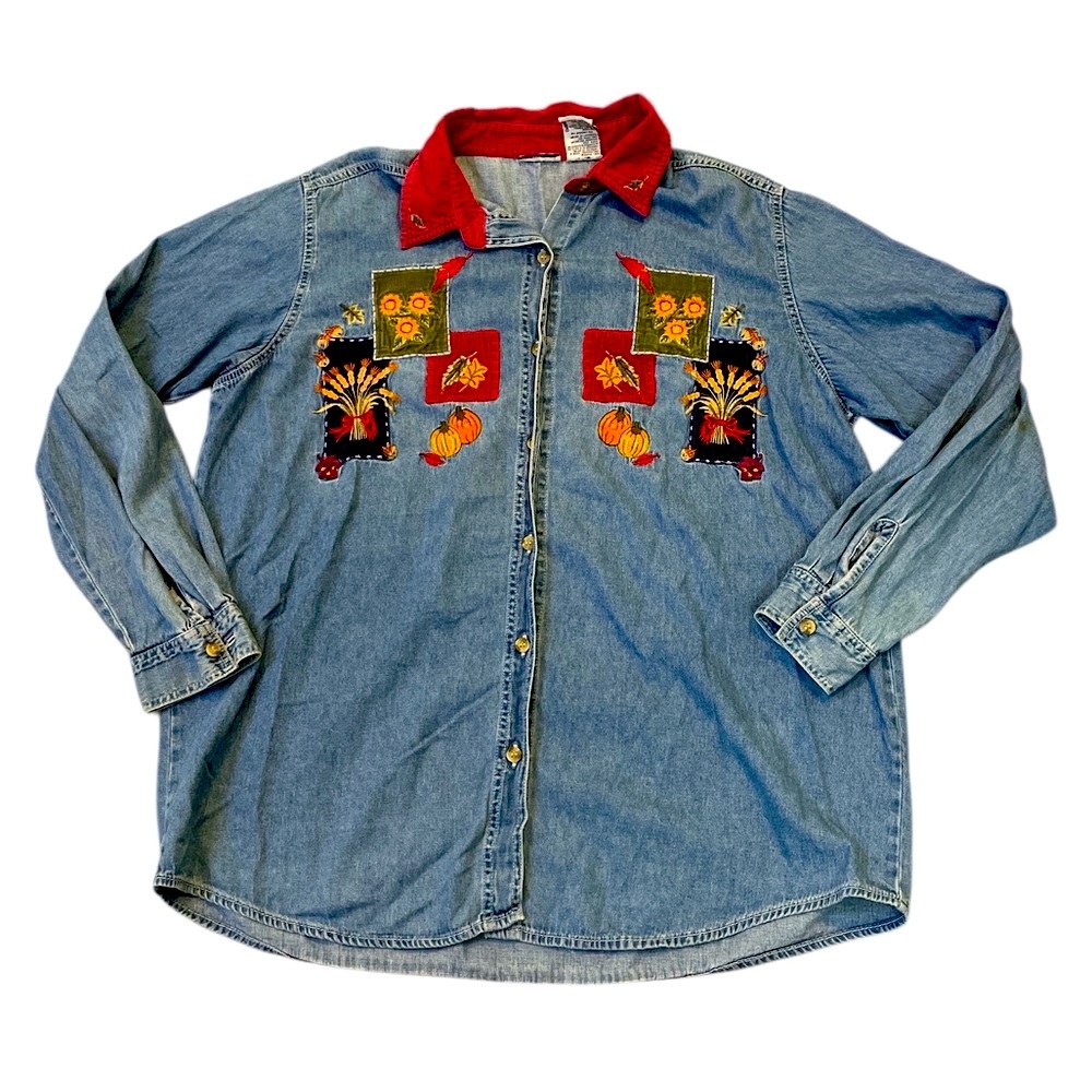 Bobbie Brooks Embroidered Denim Shirt Fall Thanksgiving Corduroy Collar Size 18W